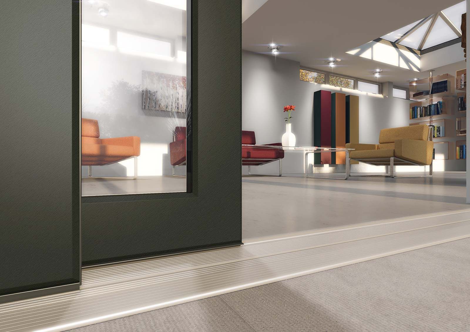 A door is open to a living room with chairs and a table