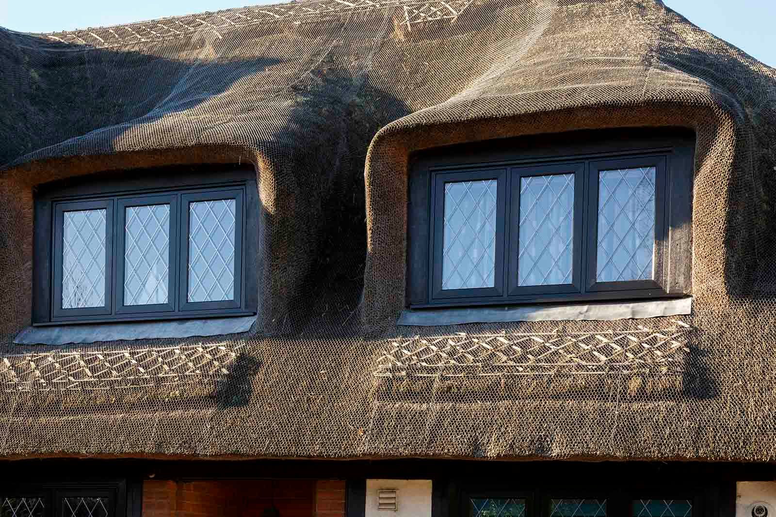 A house with a thatched roof and three windows