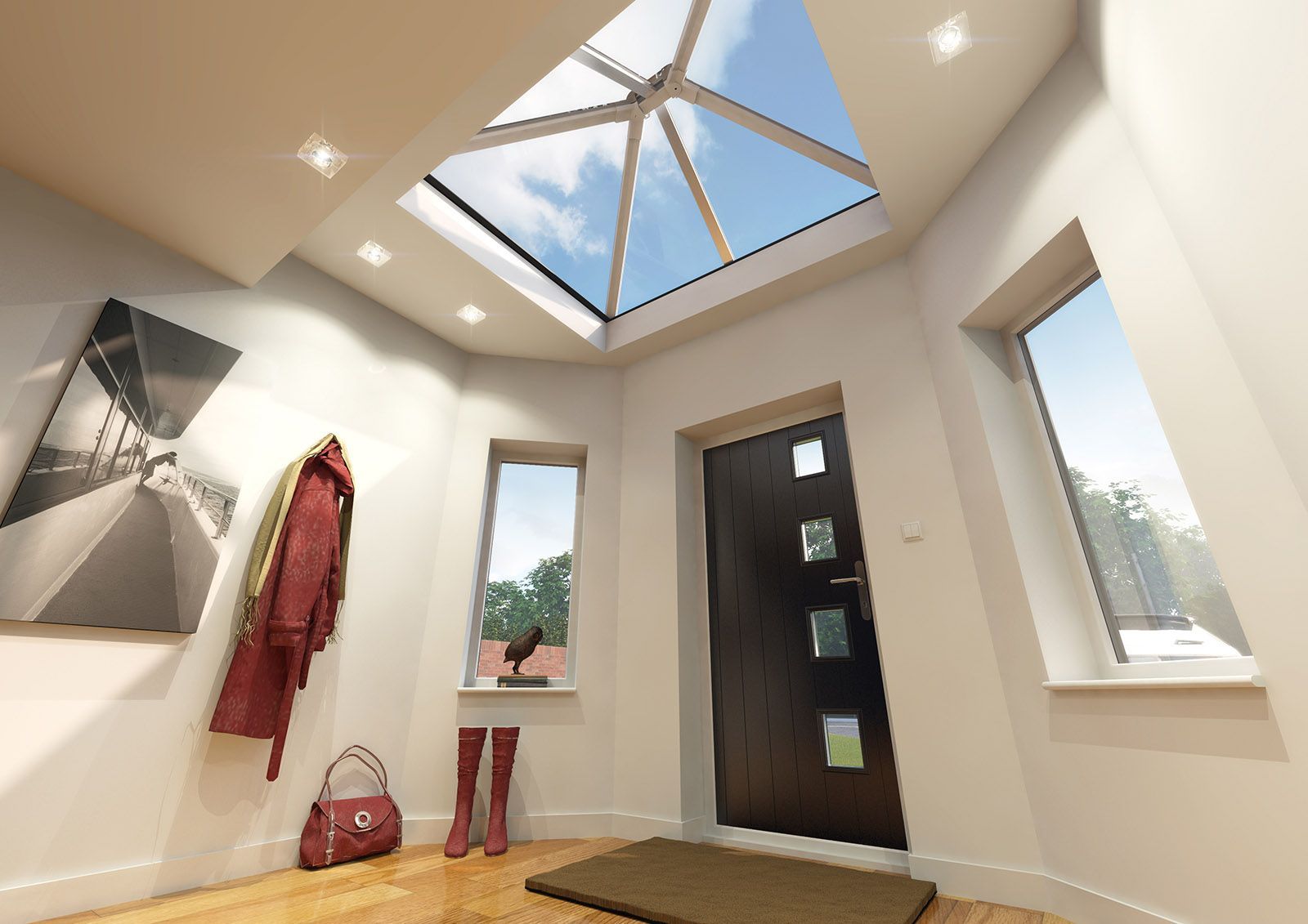 An artist 's impression of a hallway with a skylight above the door.