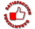 Pulgar hacia arriba de color rojo y blanco con las palabras "Satisfacción Garantizada" en un círculo.