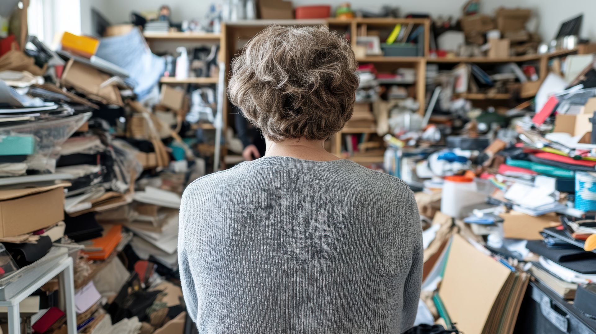 Personne de dos face à une pièce encombrée