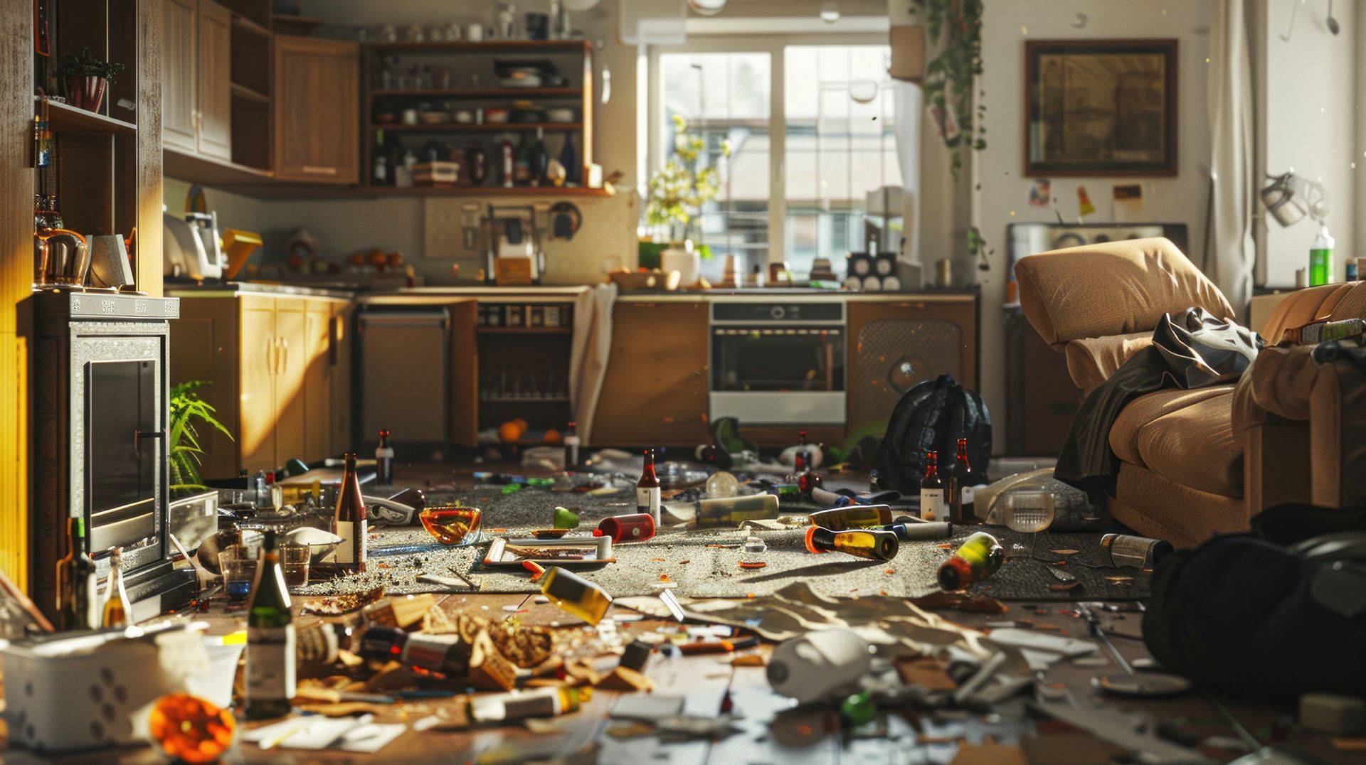 Un intérieur encombré de bouteilles et saletés