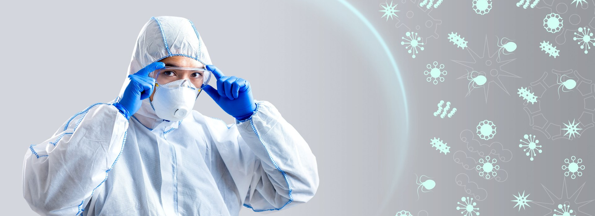 Illustration de microbes et homme en masque