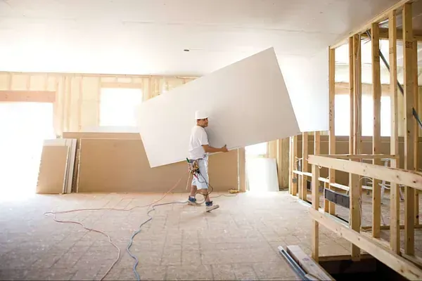 Un hombre lleva un gran trozo de yeso en una habitación en construcción.
