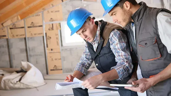 Dos trabajadores de la construcción están mirando un plano en un ático.