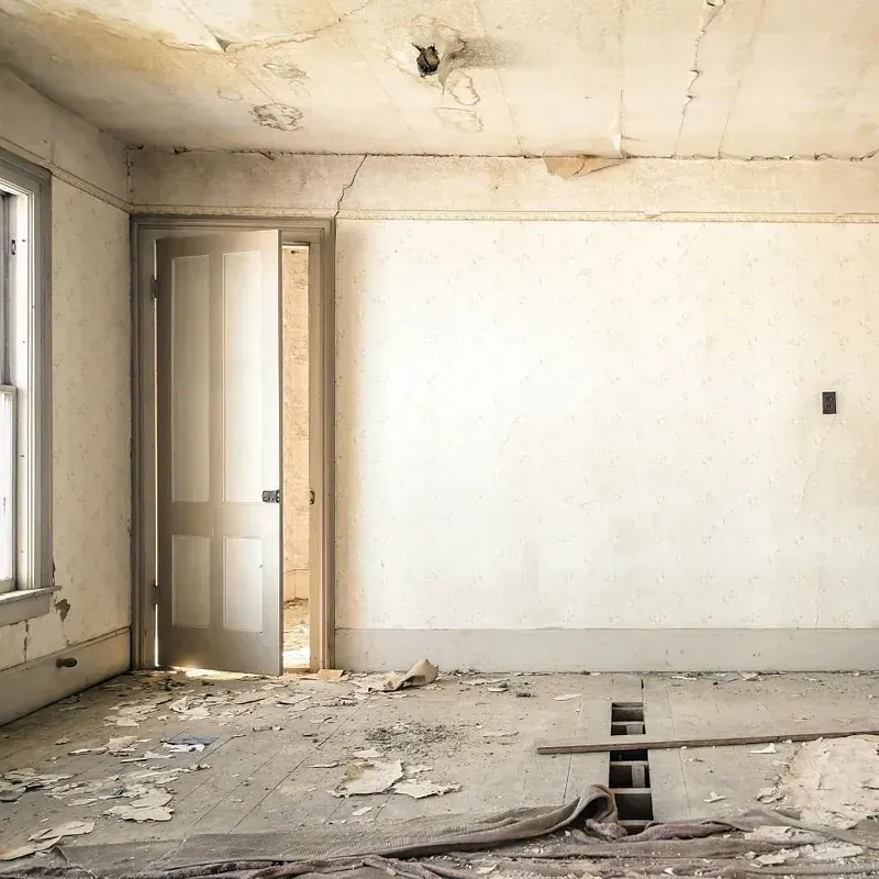 Una habitación vacía con una puerta y una ventana