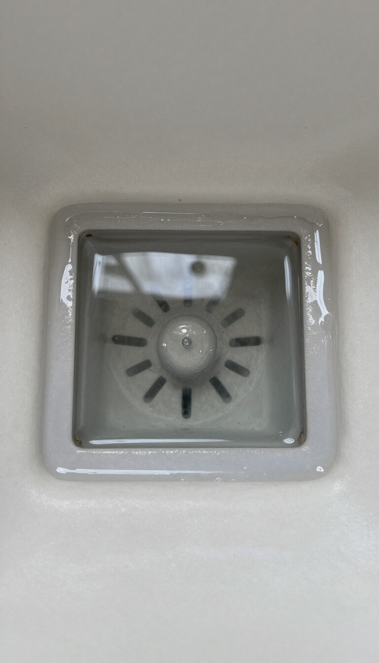 Grille d'évacuation ou de ventilation carrée en métal sur une surface blanche, vue de dessus