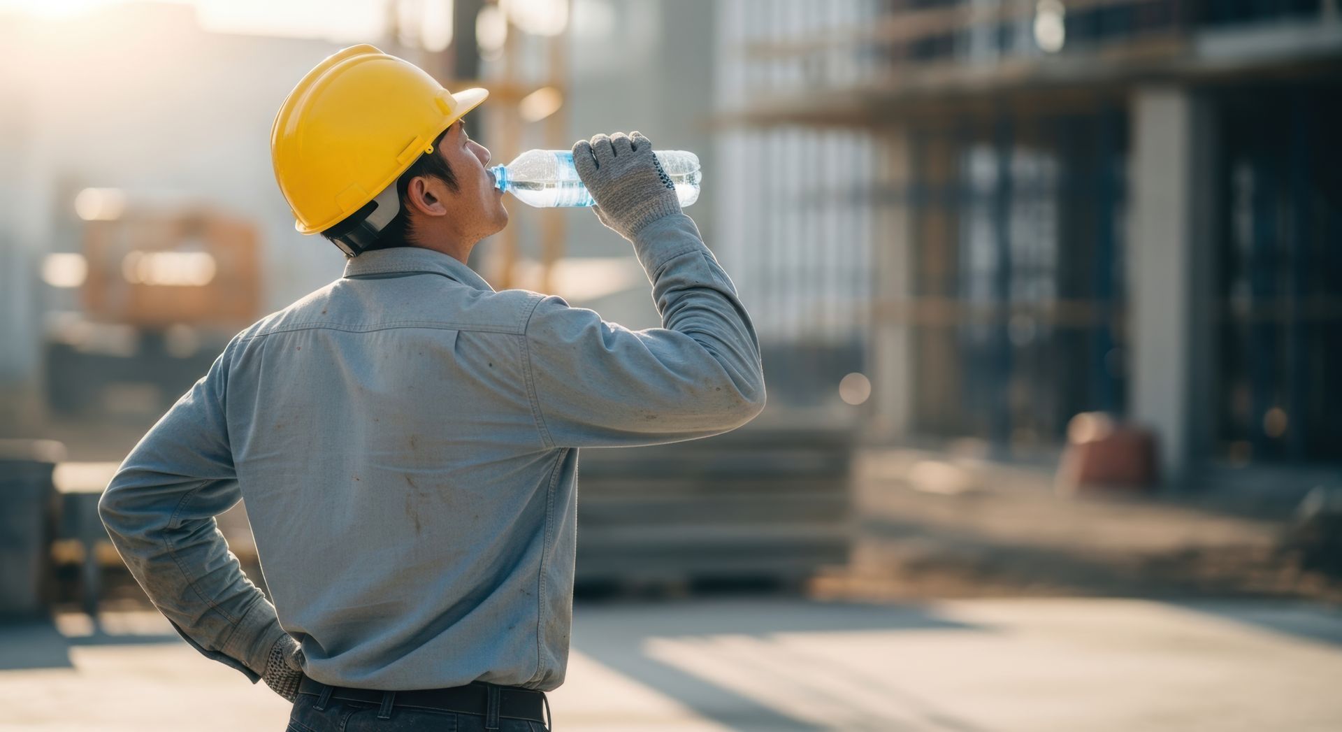 Ouvrier du bâtiment portant un casque jaune buvant de l'eau sur un chantier