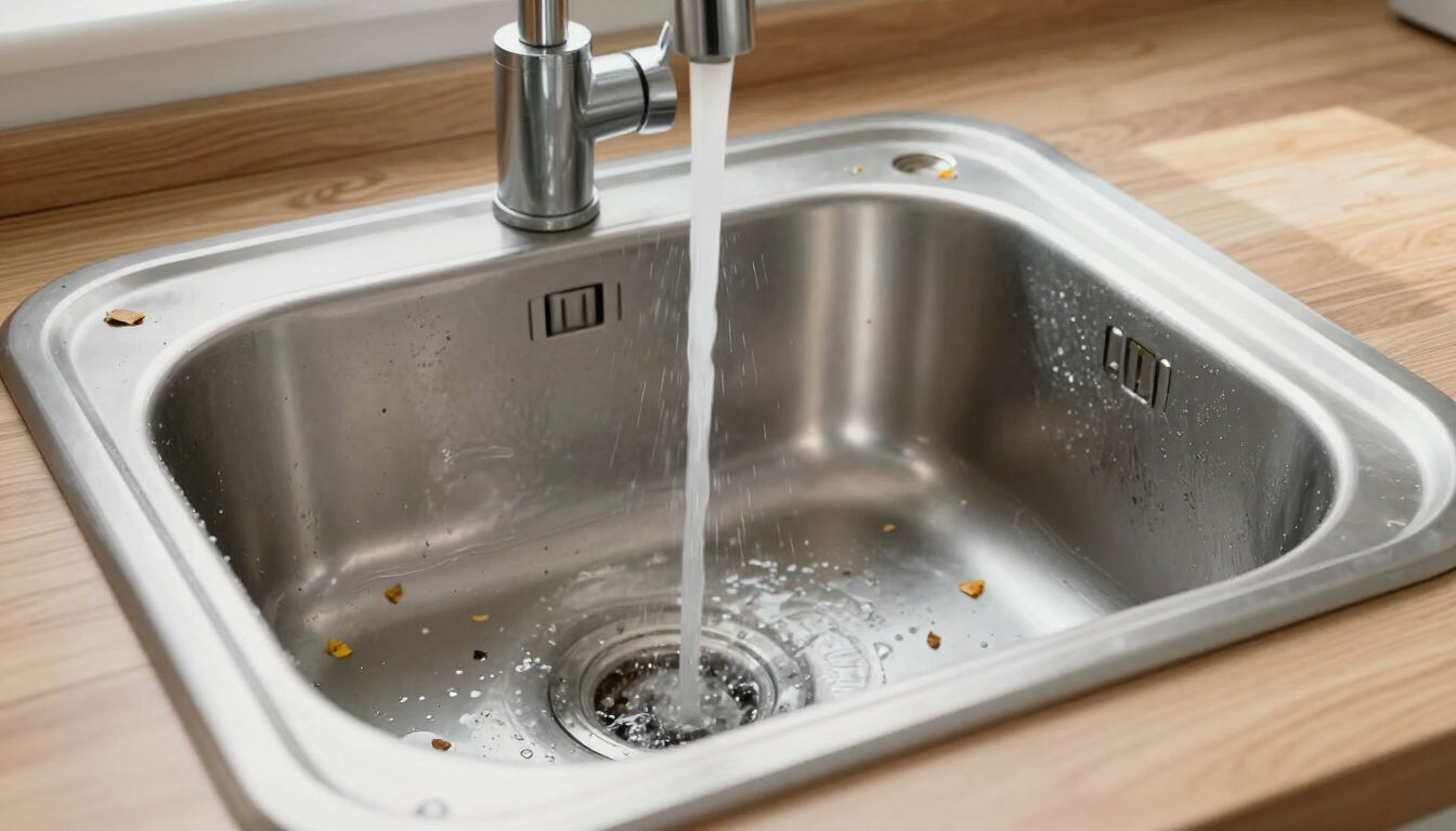 Évier de cuisine en acier inoxydable avec eau courante et quelques miettes dans le bac.