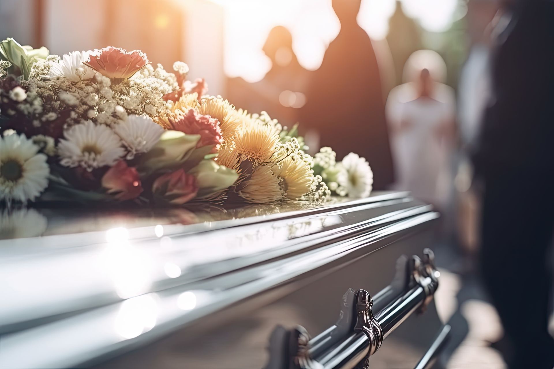 Le cercueil en bois part pour son dernier voyage, accompagné d'une composition de fleurs
