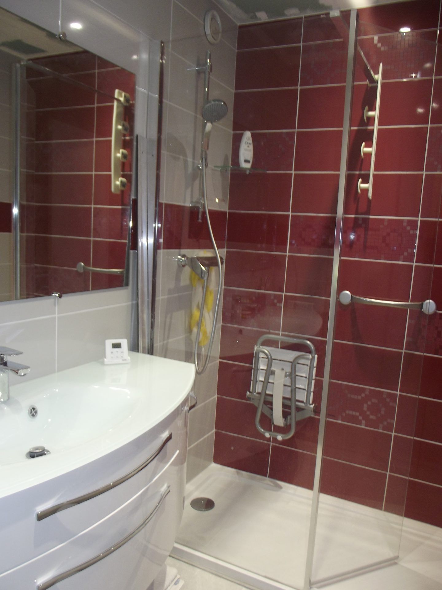 Une salle de bains avec du carrelage rouge