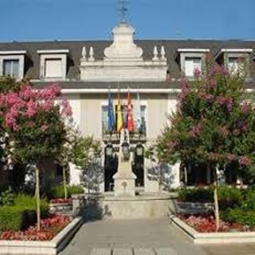 Exterior de un edificio de color claro con banderas, flanqueado por árboles en flor y una fuente.