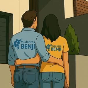 Dos personas vestidas con camisetas de Mudanzas Benji viendo su casa.