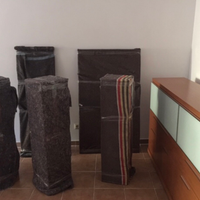 Una oficina vacía con filas de escritorios, computadoras y sillas; las ventanas muestran árboles.