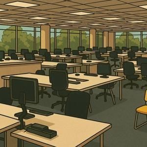 Oficina vacía con filas de escritorios, sillas y computadoras. Grandes ventanales que dejan ver un paisaje verde.