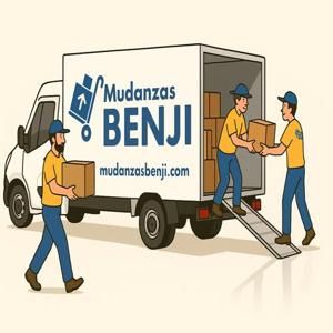Hombres cargando cajas en un camión rotulado de Mudanzas Benji.