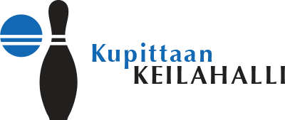 Kupittaan Keilahallin keilahallin logo, jossa on sinist&auml; ja mustaa teksti&auml; sek&auml; keilapilan kuvake