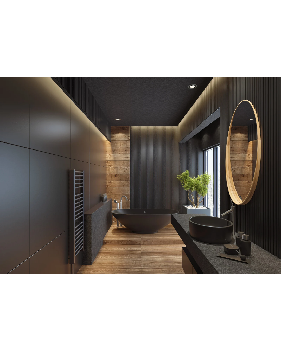 Weisse Toilette neben einer Glasdusche in einem Badezimmer. Weisse Fliesen mit schwarzem Rand. Handtuchhalter.