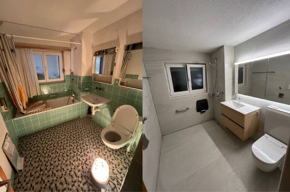 Vorher-Nachher-Vergleich einer Badezimmersanierung. Das alte Badezimmer hatte grüne Fliesen, das neue moderne graue Fliesen und Armaturen.