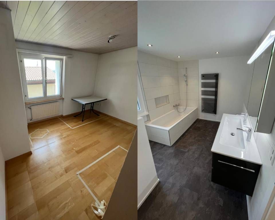 Vorher- und Nachher-Ansicht eines Zimmers, das in ein modernes Badezimmer mit Badewanne und Waschtisch umgewandelt wurde.