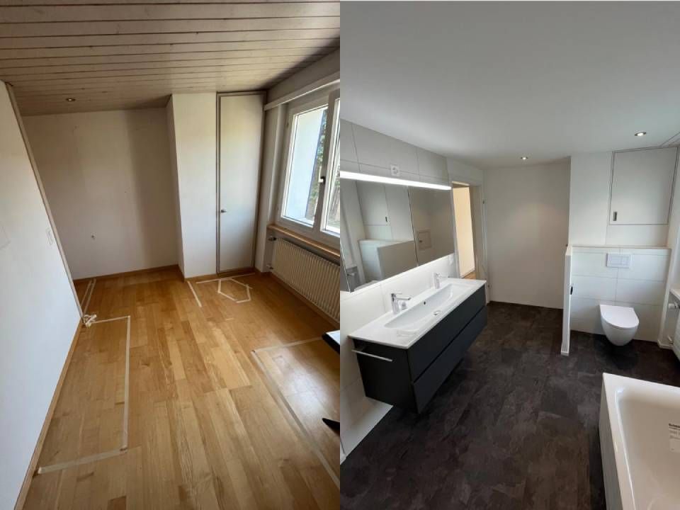 Vorher-Nachher-Ansicht einer Badezimmersanierung: alter Raum mit Holzboden versus modernes Design mit dunklen Fliesen und Waschtisch.