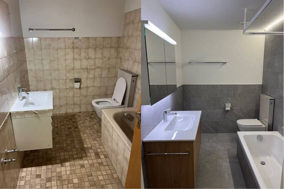 Badezimmerrenovierung vorher und nachher: ​​Ein altes Badezimmer mit beigen Fliesen wurde in einen modernen Raum mit grauen und weissen Elementen verwandelt.