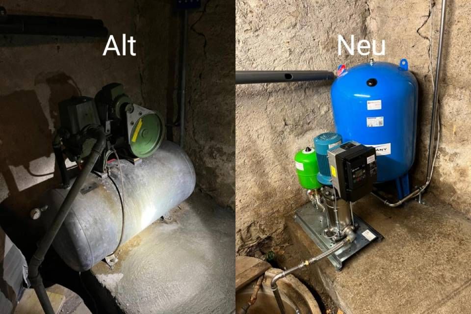 Vergleich alter und neuer Wasserdrucksysteme in einem Keller. Das alte System ist grau und grün, das neue blau und grün.