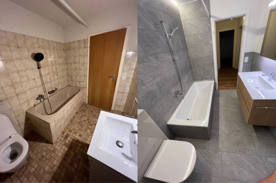 Zwei Badezimmeransichten: vor und nach der Renovierung. Vorher: beige Fliesen, nachher: ​​graue Fliesen. Ausgestattet mit Toilette, Waschbecken und Badewanne.