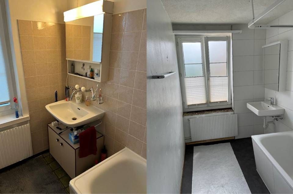 Zwei Badezimmeransichten; eine mit Waschbecken, Spiegel und Schrank, die andere mit Fenster, Badewanne und Waschbecken.