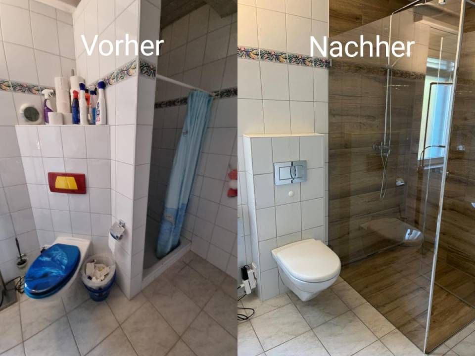 Vergleich zweier Badezimmerrenovierungen: alter gefliester Raum mit Toilette, Duschvorhang und Ablage vs. neuer, moderner Raum mit Glasdusche und modernisierter Toilette.