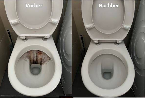 Die Toilettenschüssel vor und nach der Reinigung. Dunkle Flecken wurden entfernt, die Schüssel ist weiss und sauber.