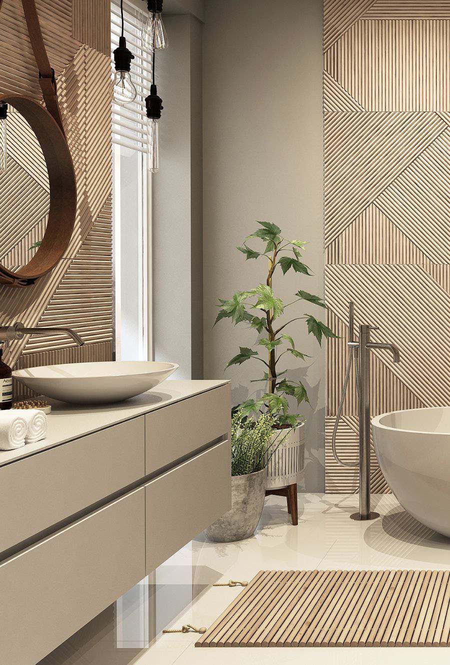 Modernes Badezimmer mit Akzentwand aus Holz, Aufsatzwaschbecken, freistehender Badewanne und einer Topfpflanze.