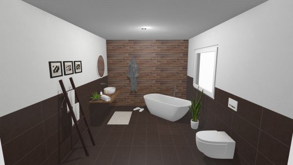 Modernes Badezimmer mit einer Akzentwand aus Backstein, weisser Badewanne und dunkelbraunen Fliesen.