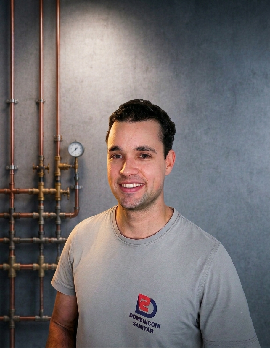 Ein lächelnder Mann in einem grauen Poloshirt mit Logo steht vor einer weissen Wand.