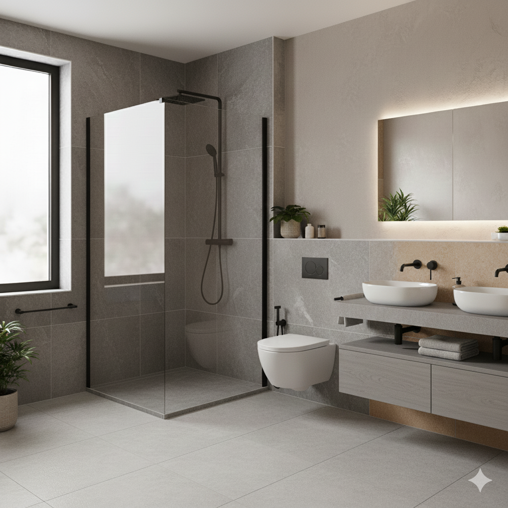 Badezimmer mit Glasdusche, Wandfliesen in Holzoptik, weisser Toilette und weissem Fliesenboden.