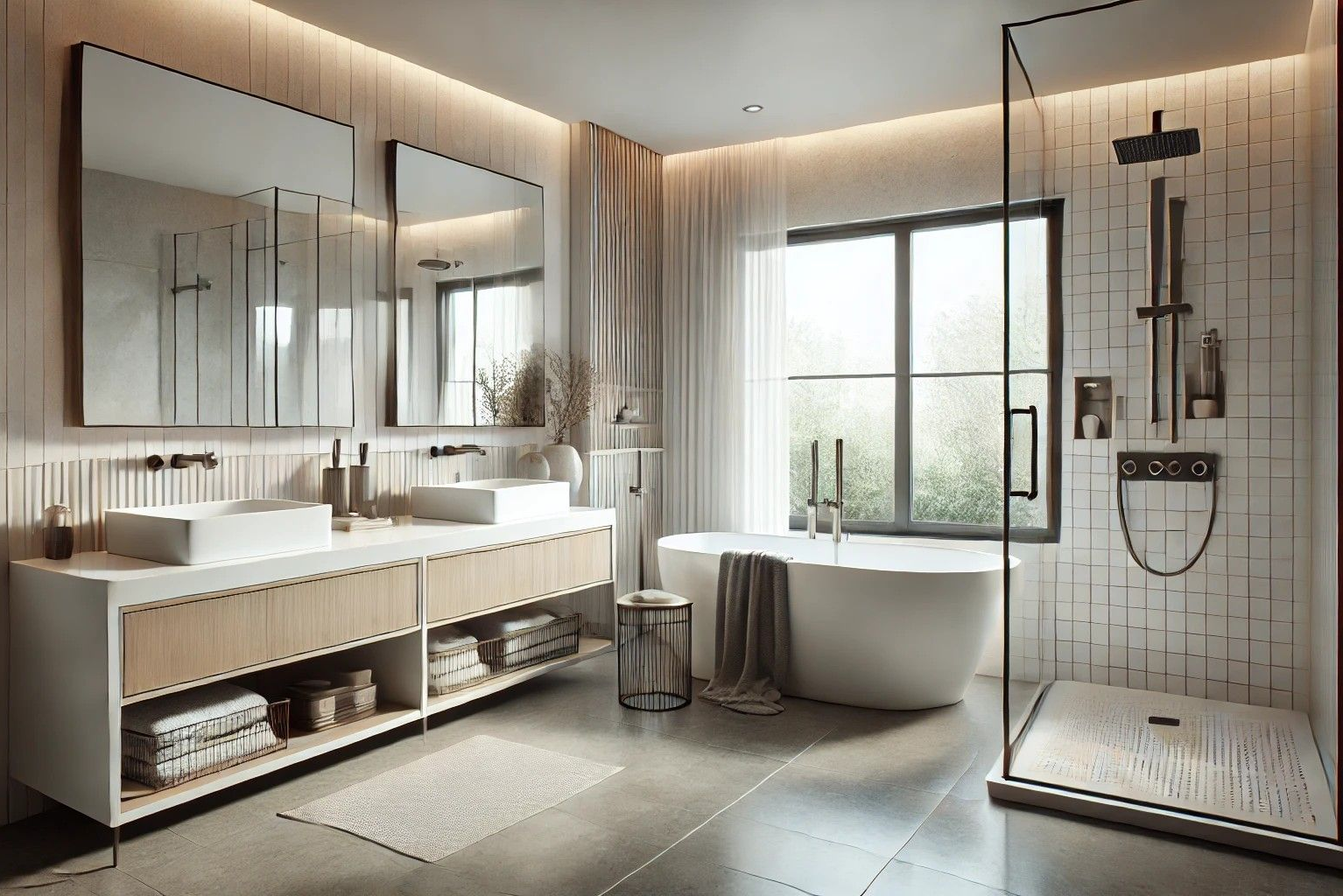 Modernes Badezimmer mit Akzentwand aus Holz, Aufsatzwaschbecken, freistehender Badewanne und einer Topfpflanze.