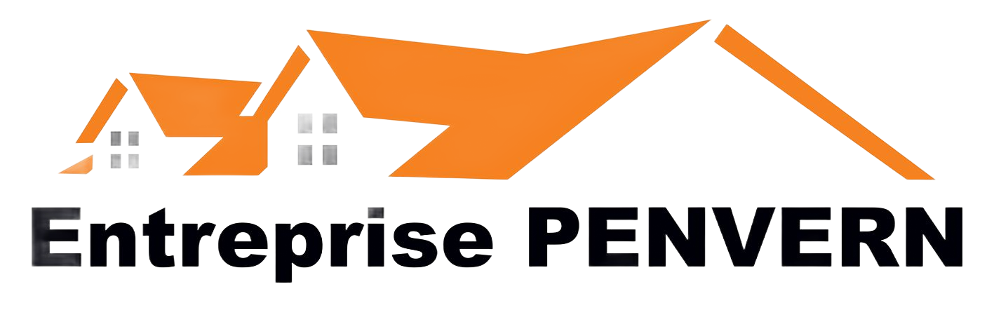 Logo d'une entreprise de toiture : toits orange sur fond de texte noir « Entreprise PENVERN ».