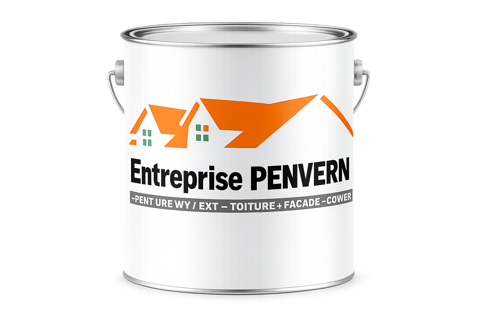 Pot de peinture orné du logo « Entreprise PENVERN » représentant une maison au toit orange sur fond blanc.
