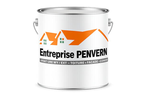 Pot de peinture orné du logo « Entreprise PENVERN » représentant une maison au toit orange sur fond blanc.
