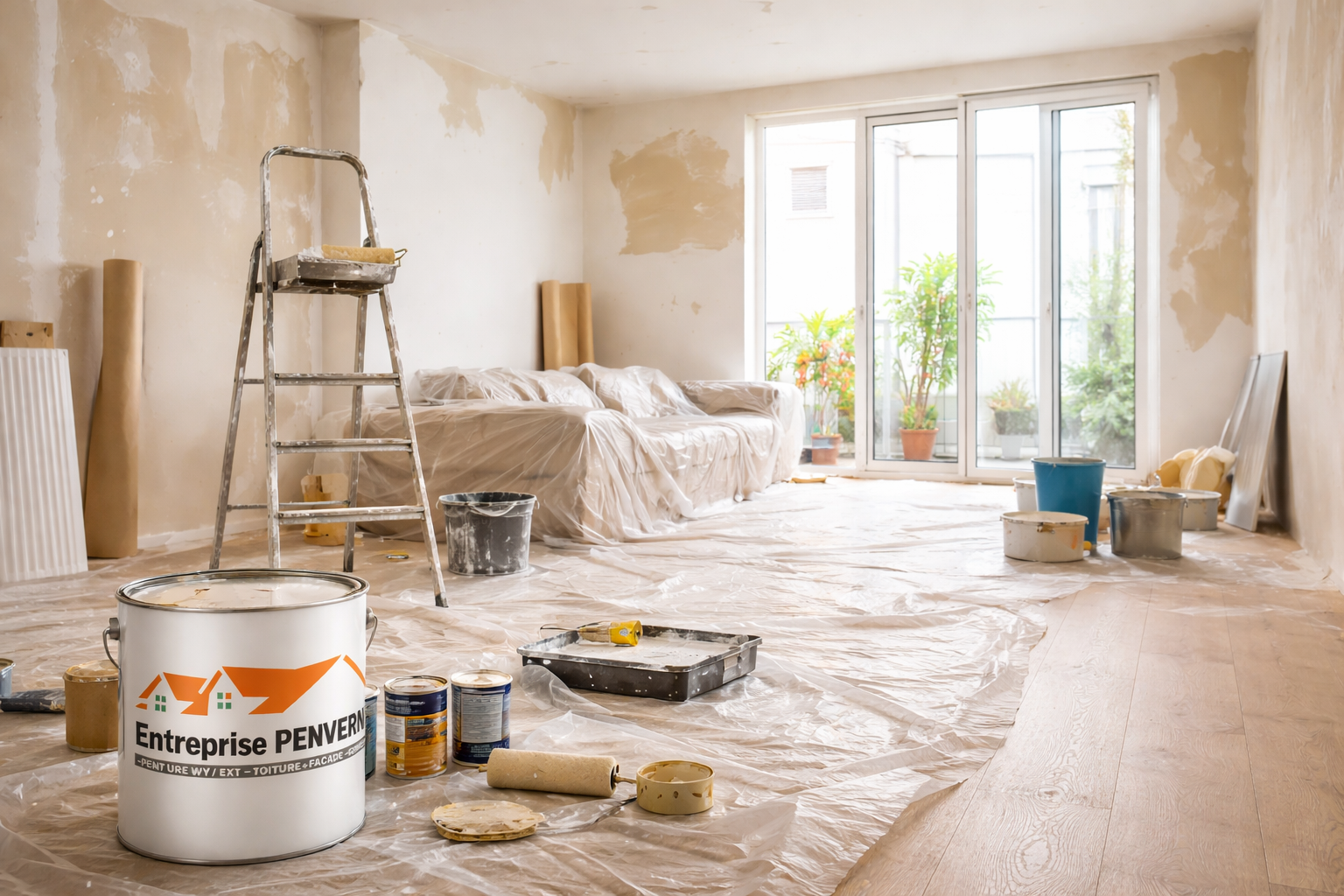 Pièce en rénovation ; on aperçoit des pots de peinture, une échelle.