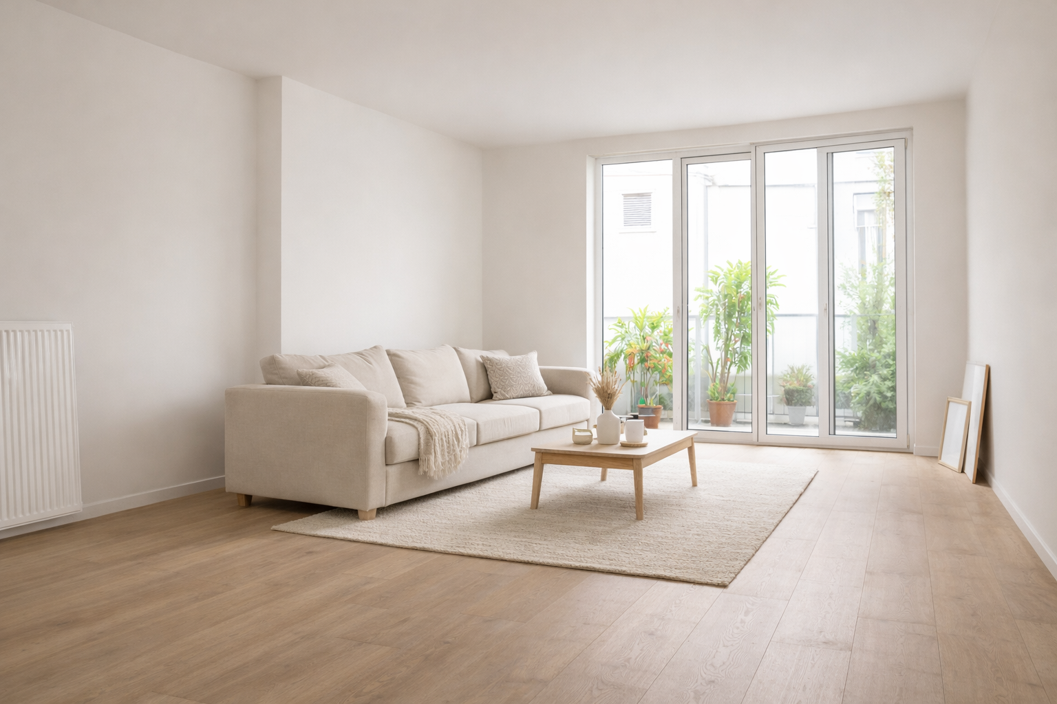 Salon lumineux et vide avec un canapé beige, un tapis et une table basse. Une porte-fenêtre coulissante donne sur un balcon.