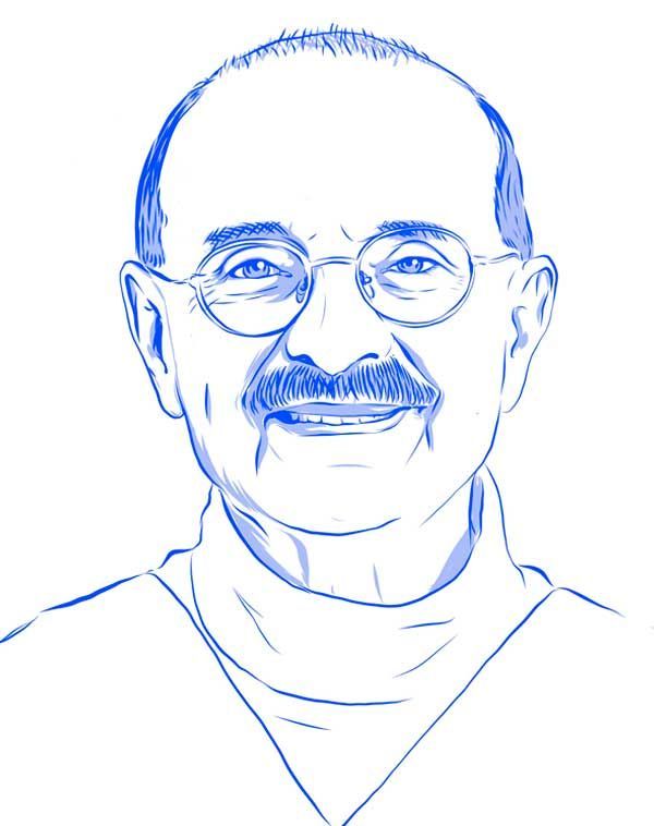 Eine Zeichnung eines Mannes mit Brille und Schnurrbart.