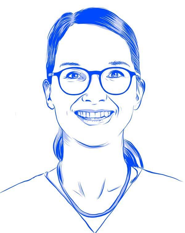 Eine Zeichnung einer lächelnden Frau mit Brille.