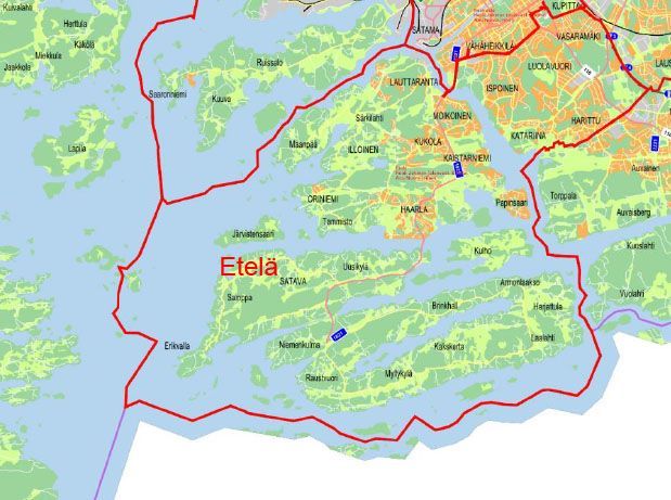 Etelä-Suomen kartta, jossa on punainen reunaviiva ja nimetyt alueet, muun muassa keskellä Etelä.