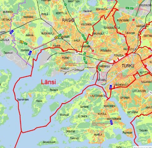 Kartta, jossa on punaiset reittiviivat Turun ja Länsi-Suomen ympäristössä ja joka korostaa rannikkoalueita ja teitä