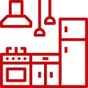 Un icono rojo de una cocina con refrigerador, estufa, horno y campana extractora.