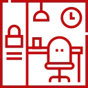 Un icono rojo y blanco de una habitación con un escritorio, una silla, un reloj y una cerradura.