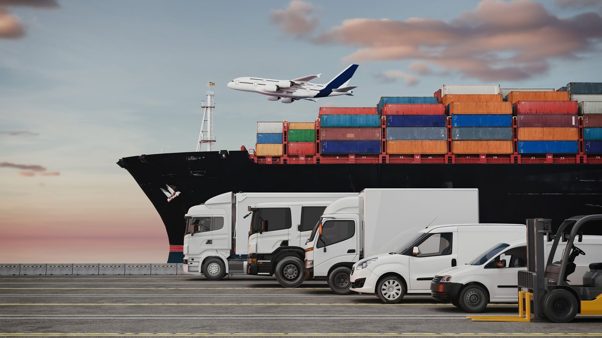 Cargo avec des conteneurs empilés, des camions en dessous et un avion en vol au coucher du soleil.