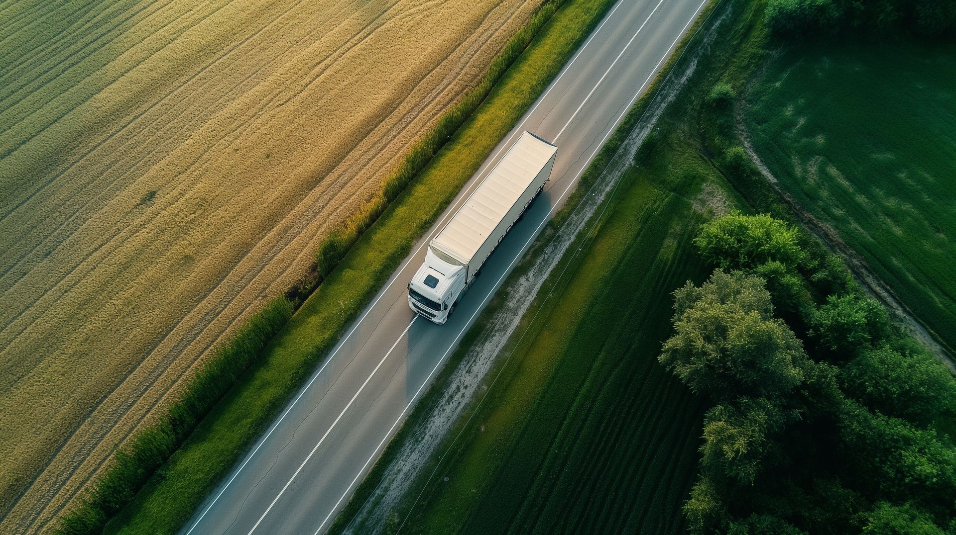 Un semi-remorque blanc circule sur une route de campagne entre des champs verts et jaunes, vu du ciel.
