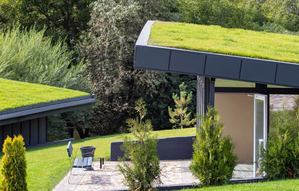 Modernes Haus mit Gründach, Terrassenstühlen und angelegtem Garten